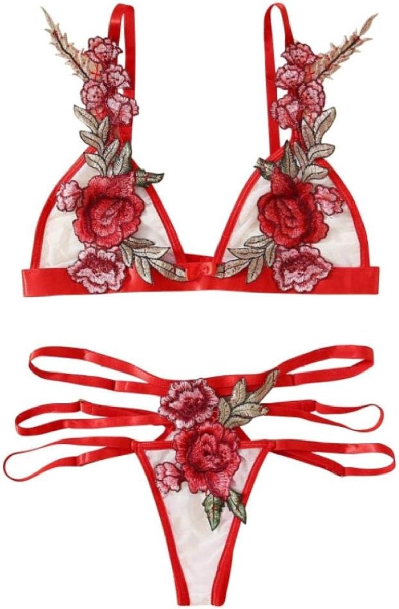 Kanten Sexy Ondergoed Vrouwen Erotische Lingerie Porno Beha G-string Nachtkleding Borduren Verleiding Kostuum-Red_M