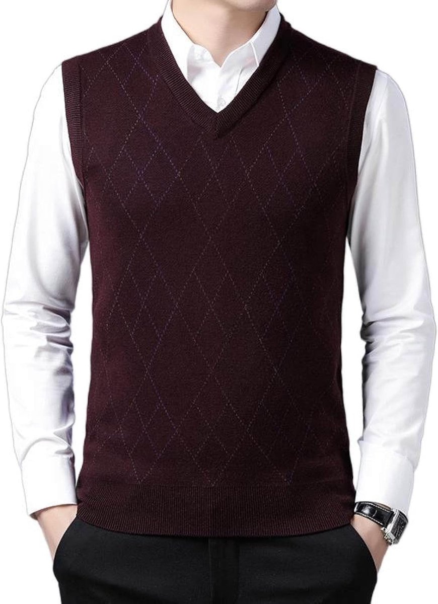 Argyle V-Hals Gebreid Vest, Klassiek Mouwloos Vest Verdikt Heren Kasjmier Trui Vest Herenkleding, Business Gentleman Knitwear Gebreid Vest Sweater Tank Tops, Wijnrood, S