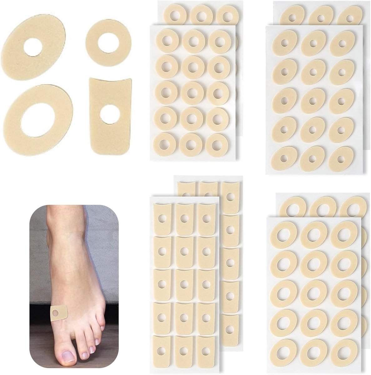 Set van 120 likdoornpleisters, 4 vormen, zacht latexschuim, likdoornringen, anti-wrijving eeltkussen voor pijnverlichting, vermindert voet- en hielpijn