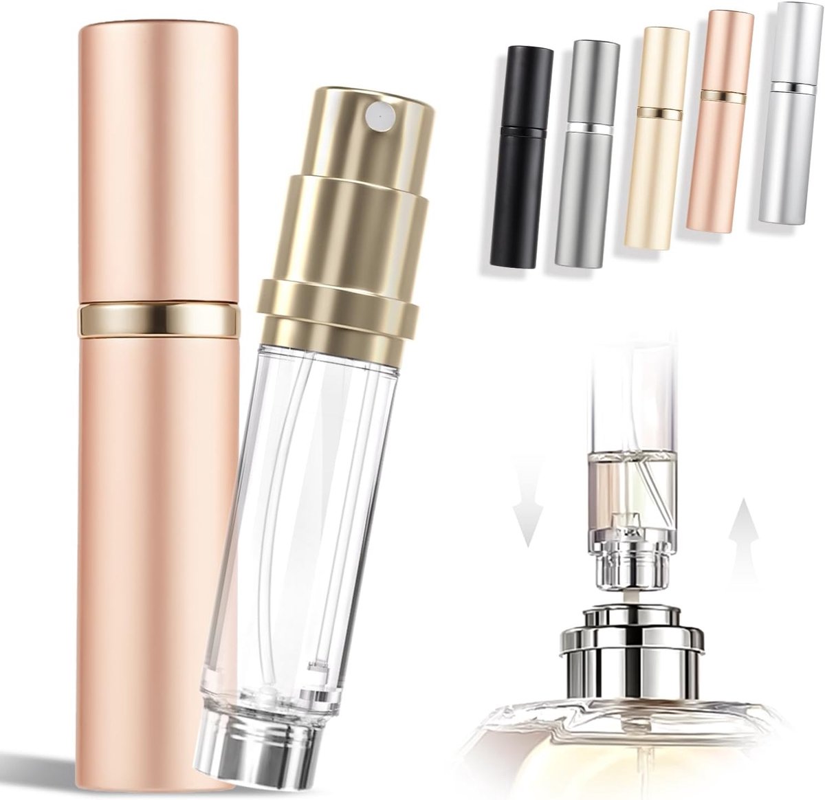 Parfumverstuiver navulbaar - 5 ml lege reisspuitfles, nano-mist, bodemvulling mini-verstuiver, zakformaat parfumdispenser voor dames en heren (roségoud, CA)