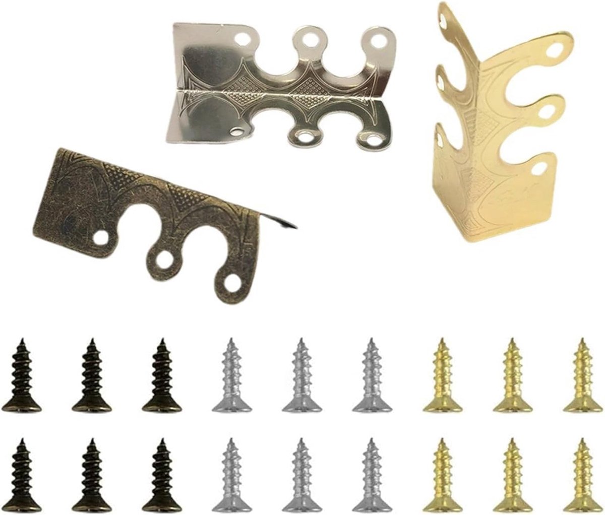 12 stuks rechthoekige messing dozen, hoekbescherming vintage van metaal, hoekbescherming voor metalen meubels, voor tafel en muur, drie kleuren, met bescherming tegen stoten en krassen
