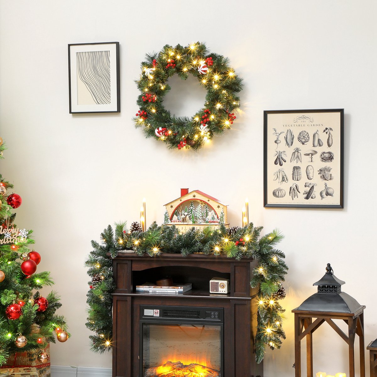 1 stuk - Verlichtte kerstkrans 60cm - Handgemaakte kerstversiering met LED warm wit licht, dennen, bessen en dennenappels, voor voordeur, open haard en raamdecoratie – foto 6