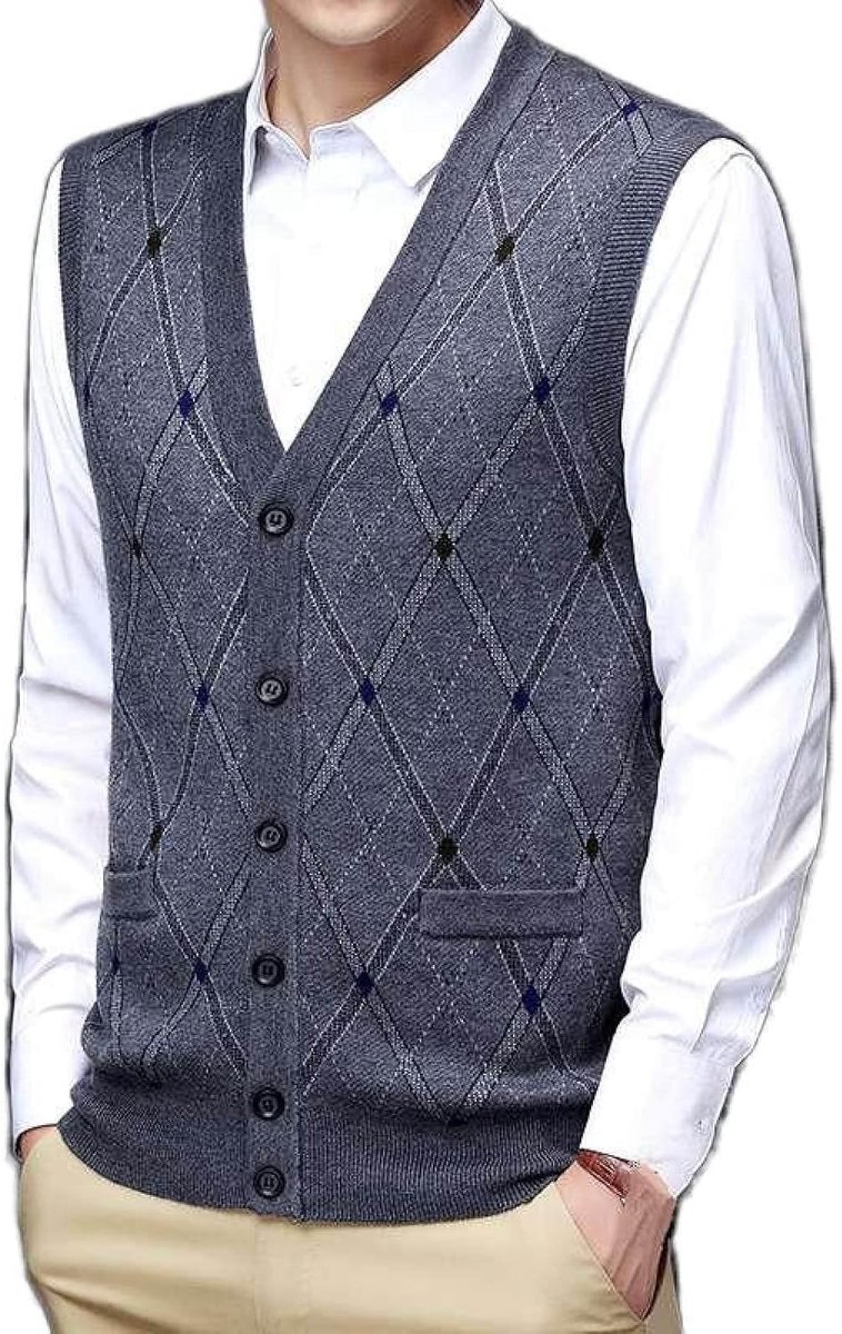 Wollen Garen Gebreid Vest Vest, Herfst En Winter Klassiek Argyle V-Hals Vest Trend Casual Heren Kasjmier Gemengd Vest, Gentleman Knitwear Sweater Vest Tank Tops,Grijs,S
