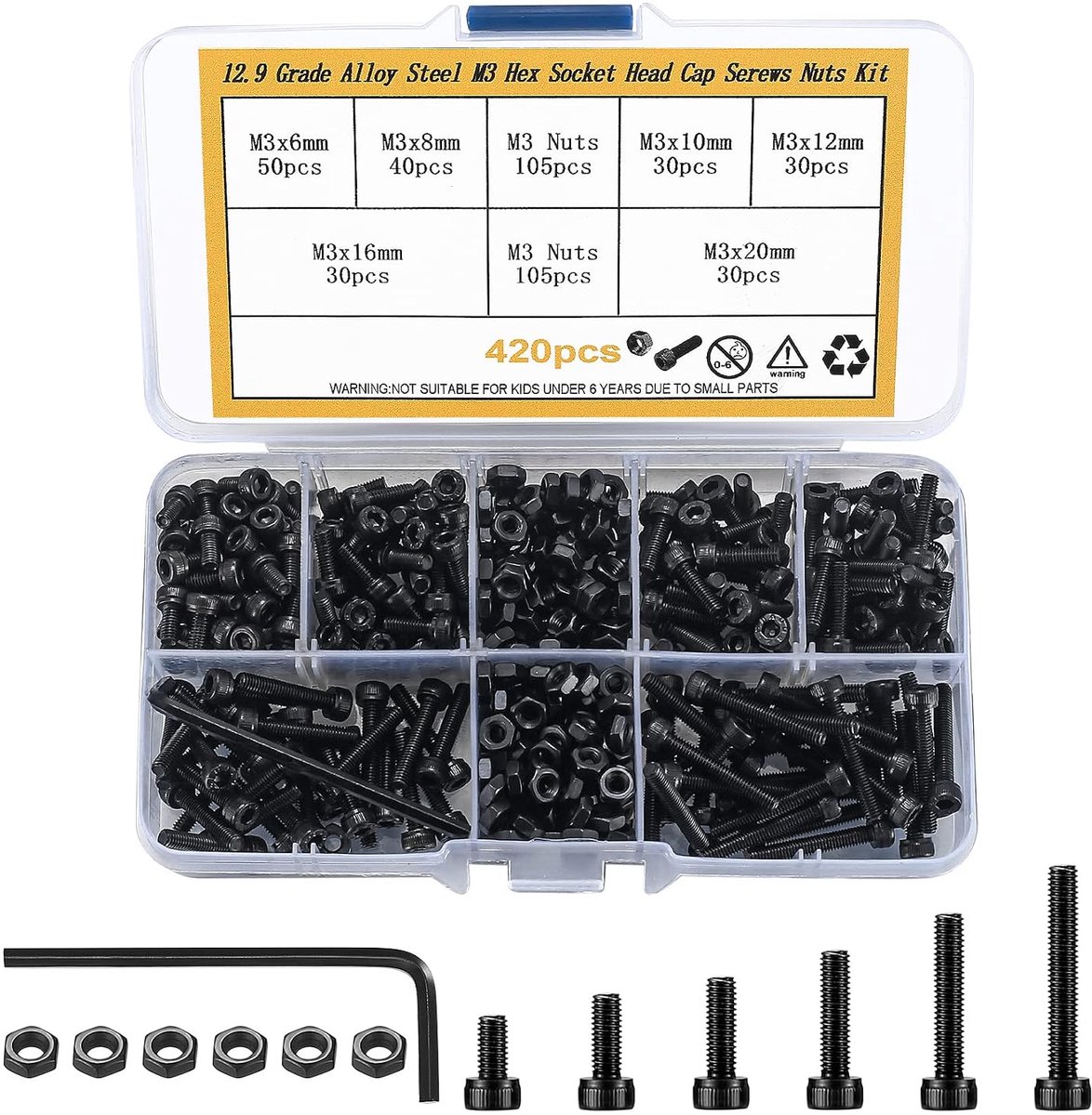 420 stuks M3 binnenzeskantschroeven en moeren set, koolstofstaal zeskantschroeven met binnenzeskant en moeren, assortiment kit met opbergdoos