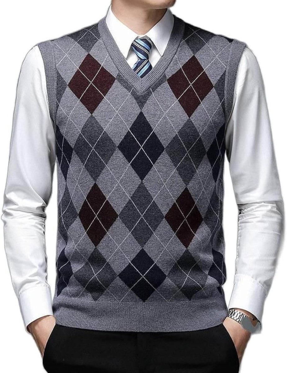 Argyle Gebreid Vest Met V-Hals, Klassiek Mouwloos Vest Kleurcontrast Heren Kasjmier Trui Vest Herenkleding, Zakelijk Heren Breigoed Gebreid Vest Trui Tanktops, Middengrijs, S