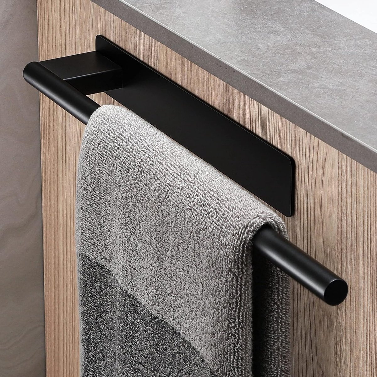 Handdoekhouder, zonder boren, roestvrij staal, handdoekstang, één arm, zelfklevend, badkamer, wandmontage, voor badkamer, keuken, mat zwart