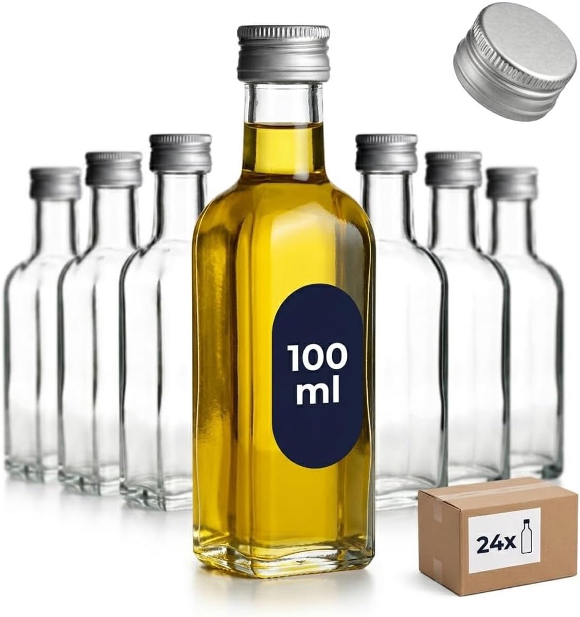 Flessen (0,10 l) met schroefdop PP 24 vierkante smalhals van helder glas voor likeur siroop olie azijn en proefvullingen (MFET100S)