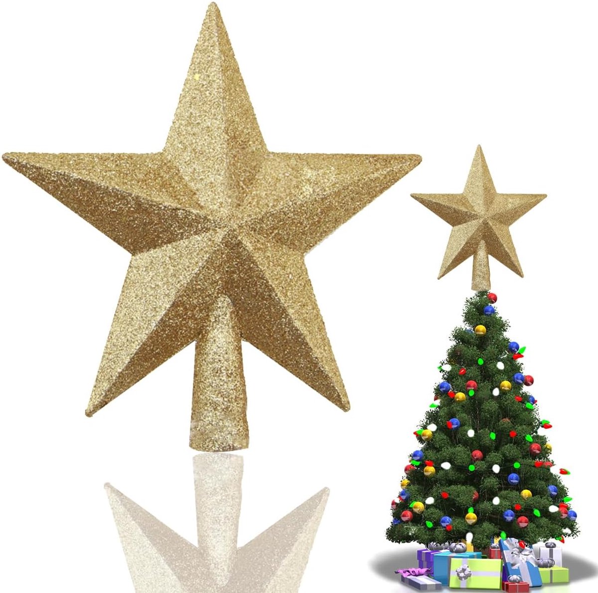 Ster voor de kerstboom, glanzende kerstster, kerstboompiek in stervorm, voor kerstboomversiering, feestdecoratie, goud