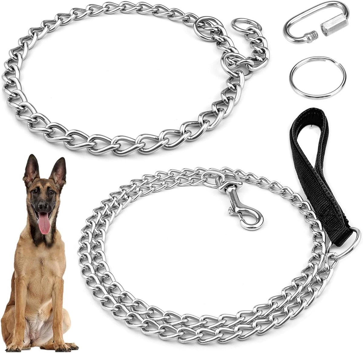 1 x 65 cm kettinghalsband voor honden, 1 x 128 cm hondenketting