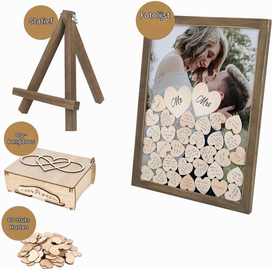 Gastenboek voor bruiloft, met fotolijst, 100 houten hartjes om te beschrijven, gastenboek bruiloft, houten set voor bruiloften, verjaardagen en babyshower — afbeelding 5
