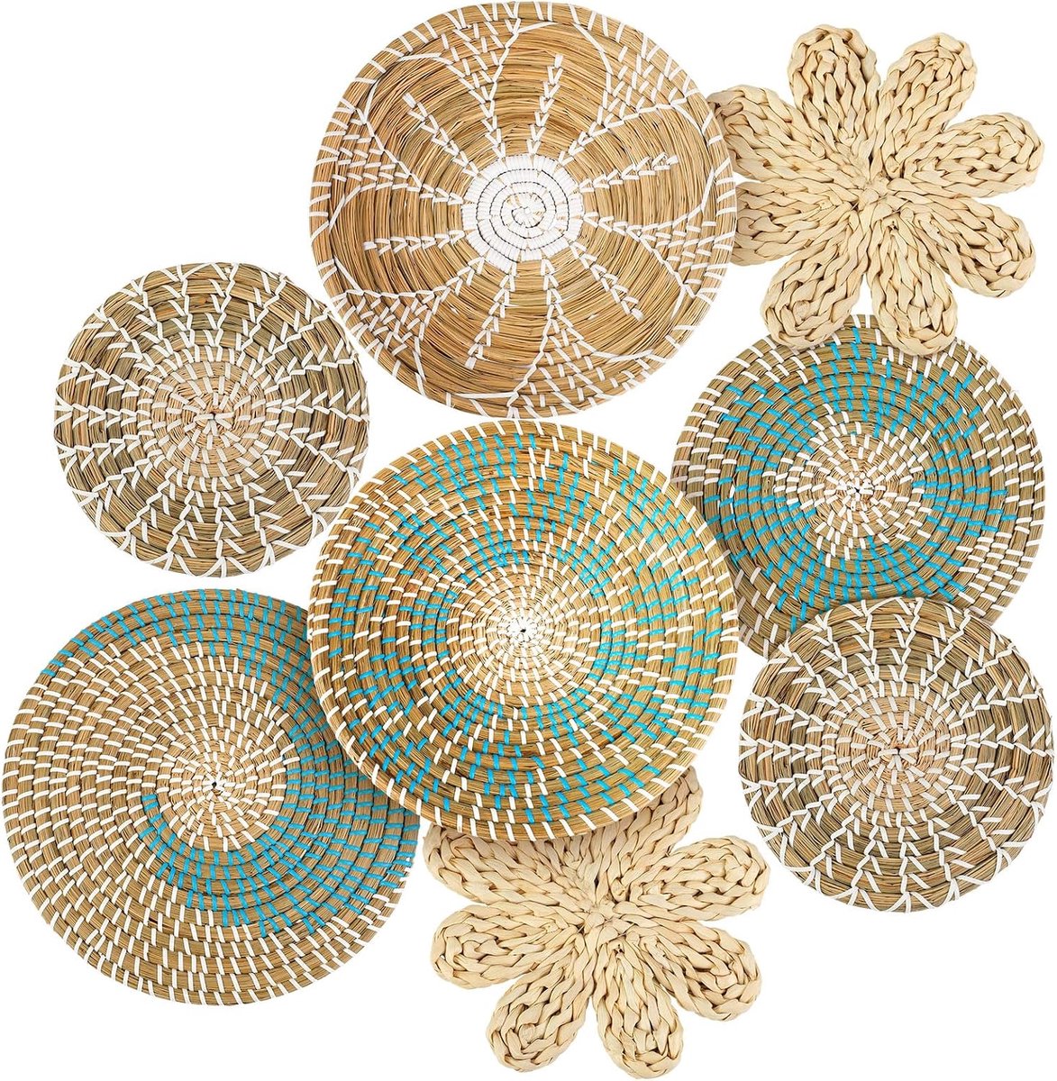 Set van 8 hangende geweven muurmand, handgemaakte decoratieve, rustieke boho-muurmand, decoratie, handgemaakt rieten ronde zeegrasmand muurkunst voor thuis, keuken, boerderij, tafel, woonkamer