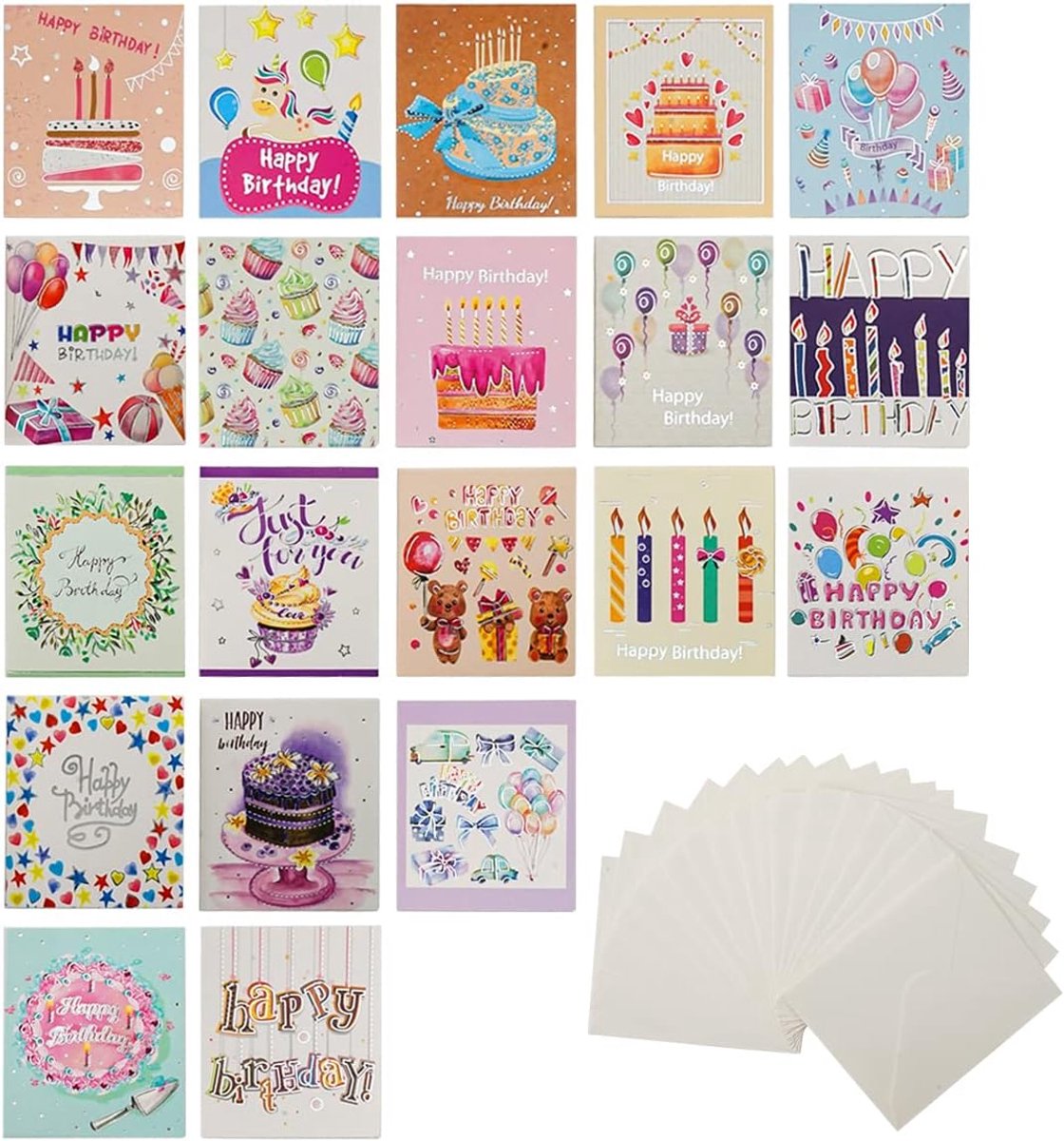 20-delige verjaardagskaartenset klein, mini Happy Birthday-kaarten, kleine verjaardagskaartenset met envelop, wenskaart, verjaardag, klein, verjaardagskaart, geschikt voor mannen, vrouwen en kinderen