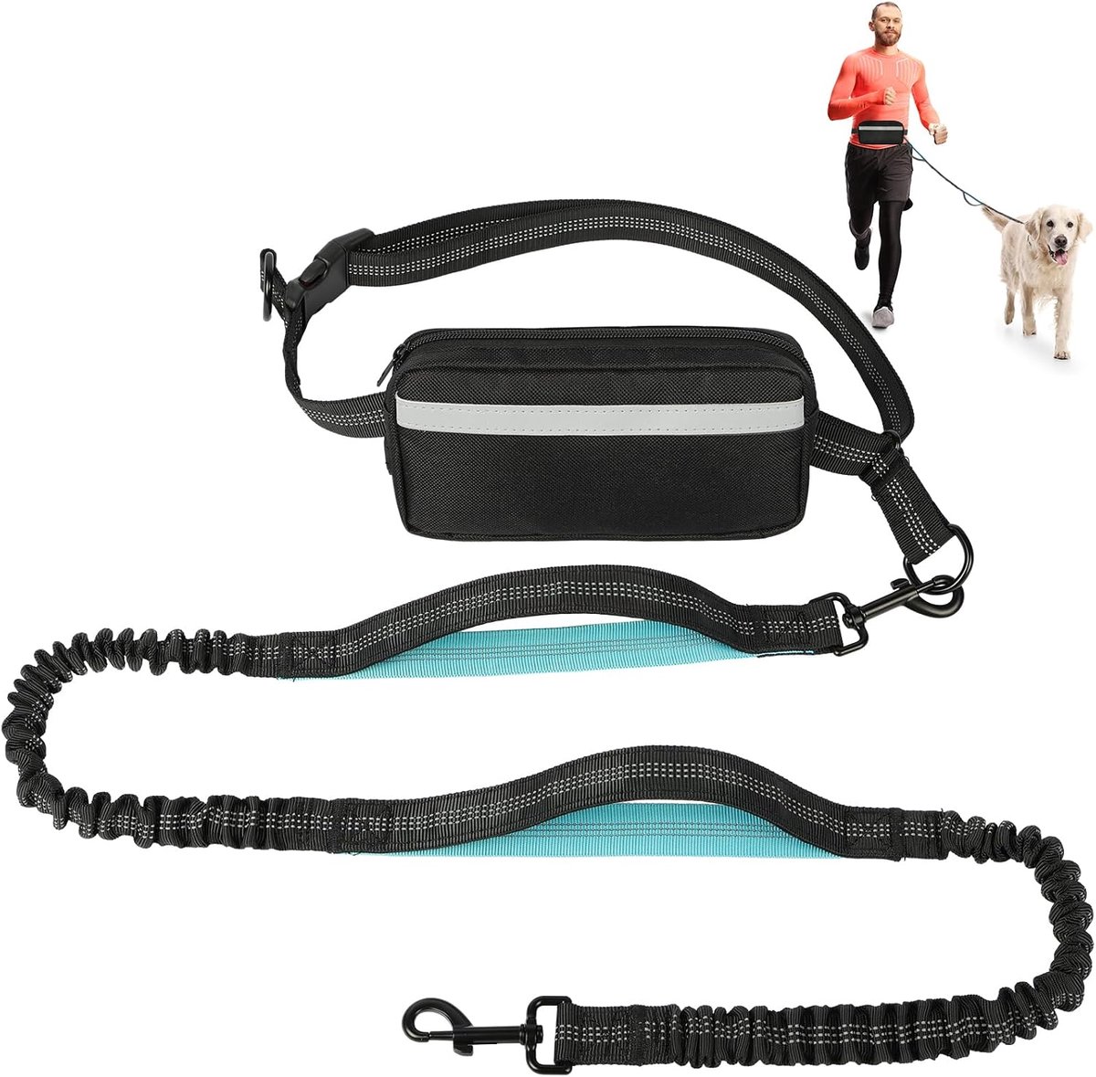 Handenvrije hondenriem met verstelbare heupriem, hondenriem voor middelgrote tot grote honden, dubbele gevoerde handgrepen en reflecterende bungee voor wandelen, hiken, joggen, fietsen en