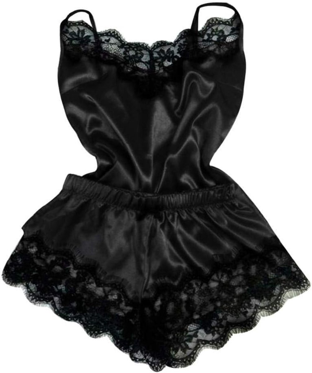Lingerie voor dames V-hals transparante lingerie met jarretelgordel lingerie bodysuitSexy Lingerie Dames Zijden Kant Casual Losse Effen Mouwloze Jurk Nachthemd Nachtjapon-black_S