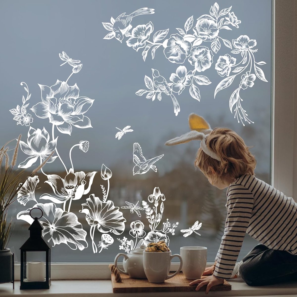 Raamstickers Witte Lotusbloem Raamafbeeldingen Lente Zomer Bloemtak Raamstickers Dubbelzijdige Statische Anti-Botsing Raamfolie Glas Ramen Deuren Raamdecoratie