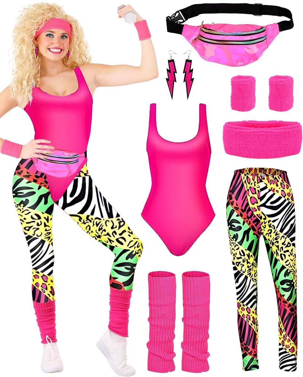 Kostuum jaren 80 sportkostuum dames turnpakje leggings hoofdband armbanden beenwarmers oorbellen Fanny Pack jaren 80 turnpak voor de jaren 80 en 90