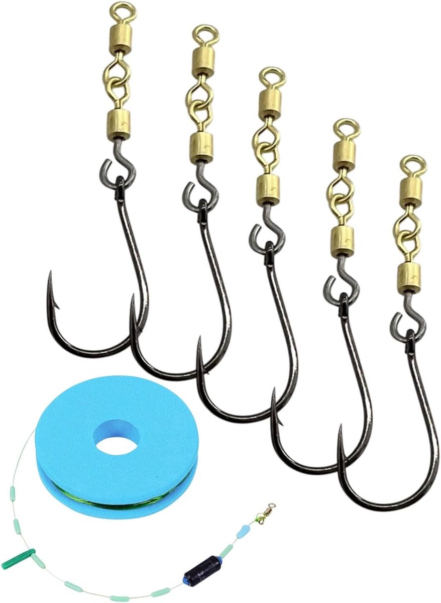 5 stuks Rotate Rig Hooks | 15 roterende haken met wolfraamparel | rotorhaken maat 5-6 | accessoires voor baars en kastanjes met 7,2 m snoer
