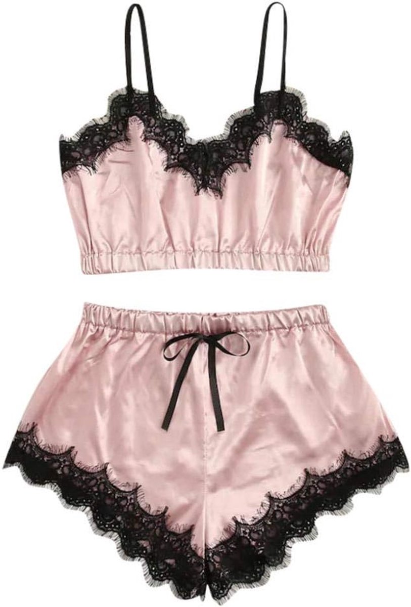 Dameskostuums Dames Nachtkleding Uitgehold Kant Satijnen Lingerie Sexy bh-slips Kostuum-Pink_3XL