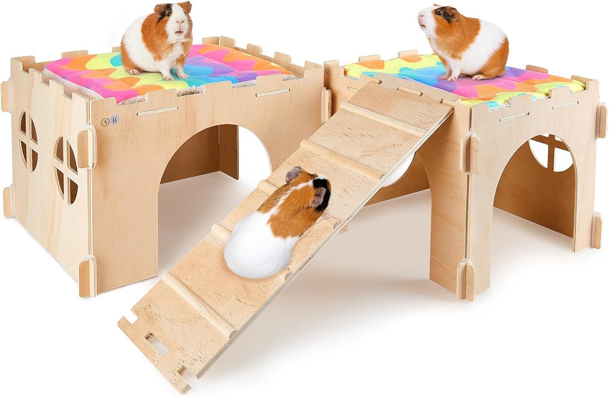 Caviahuis, Schuilplaats voor Kleine Huisdieren met Ramp, Meerdere Deuren en Ramen, Kooi-accessoire voor Hamsters en Andere Kleine Huisdieren