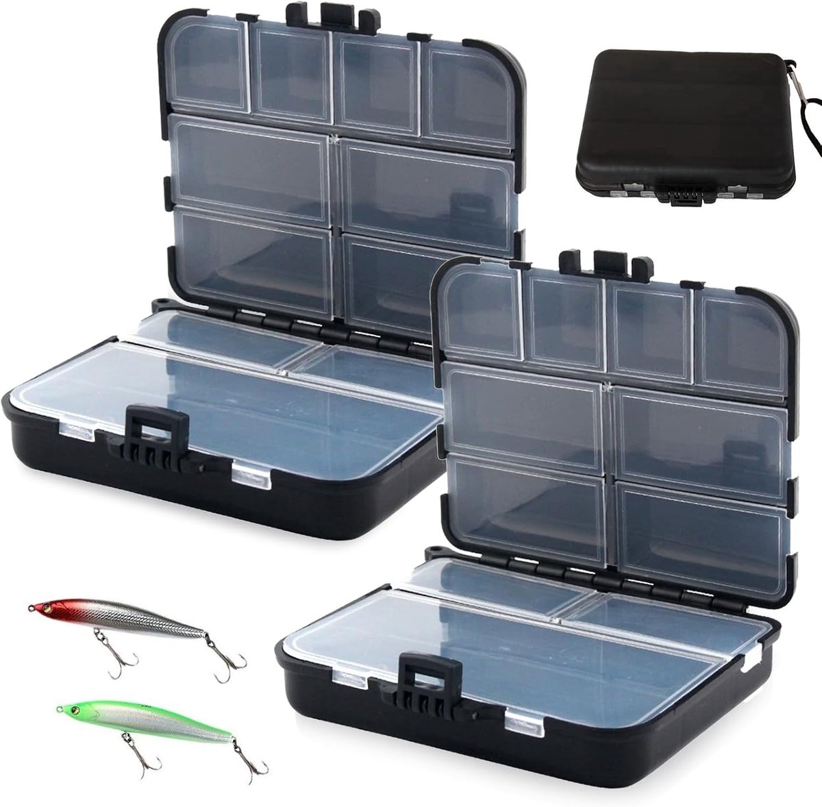 2 stuks aasbox voor vissen, dubbellaags visbox, 12 vakken, visbox met handtouw en verstelbare enkele vakken, hengelaccessoires voor het bewaren van visaas
