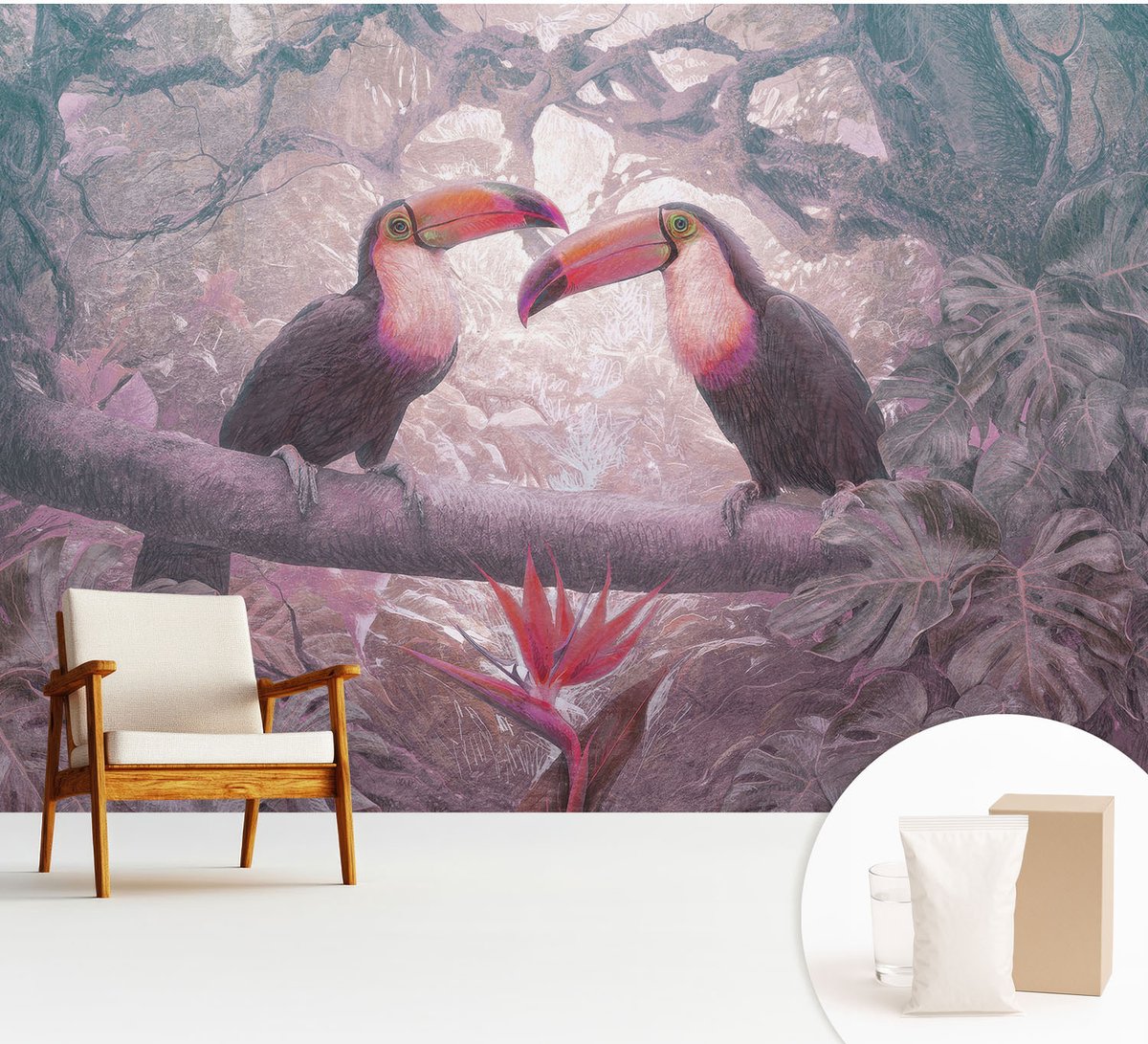 Wallfluent Fotobehang - Roze Vliesbehang - 312x219 cm - Exotisch Stel Fotobehang Vlies - Hal behang Dieren - Muurschildering - Woonkamer behang