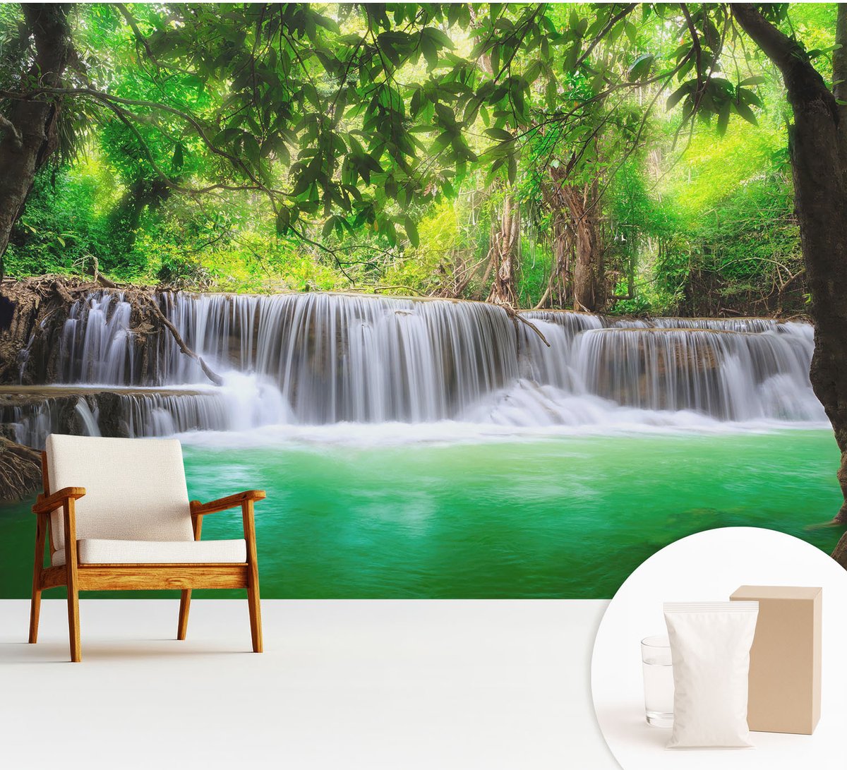 Wallfluent Fotobehang - Groente Vliesbehang - 312x219 cm - Boswaterval Muurschildering - Gang behang Landschappen - Fotobehang Vlies - Gang behang