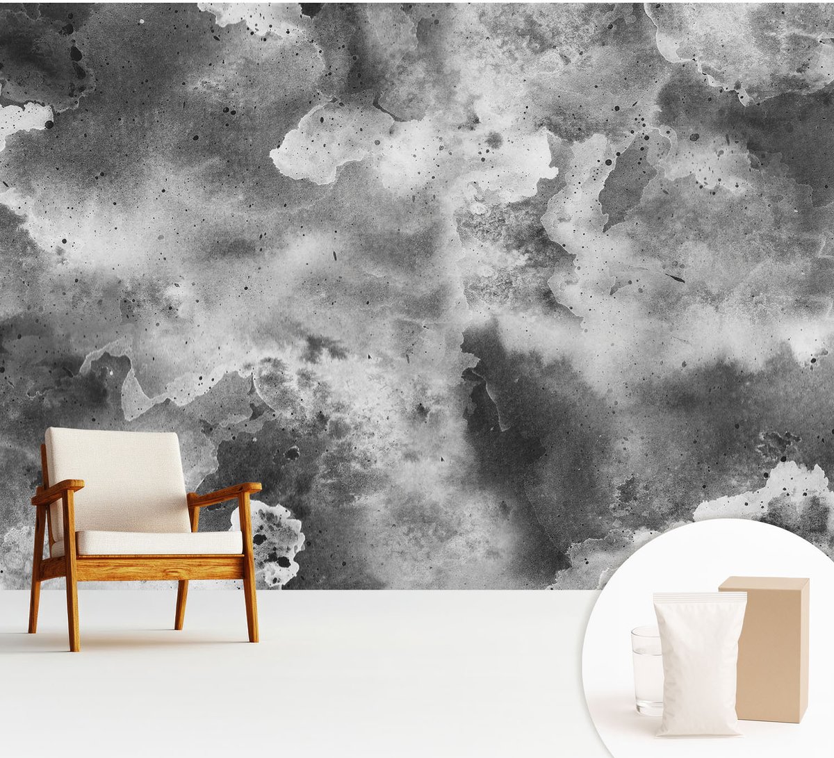 Wallfluent Fotobehang - Zwart-Wit Vliesbehang - 312x219 cm - Grijze Wolken Fotobehang Vlies - Hal behang Abstractie - Muurschildering - Hal behang