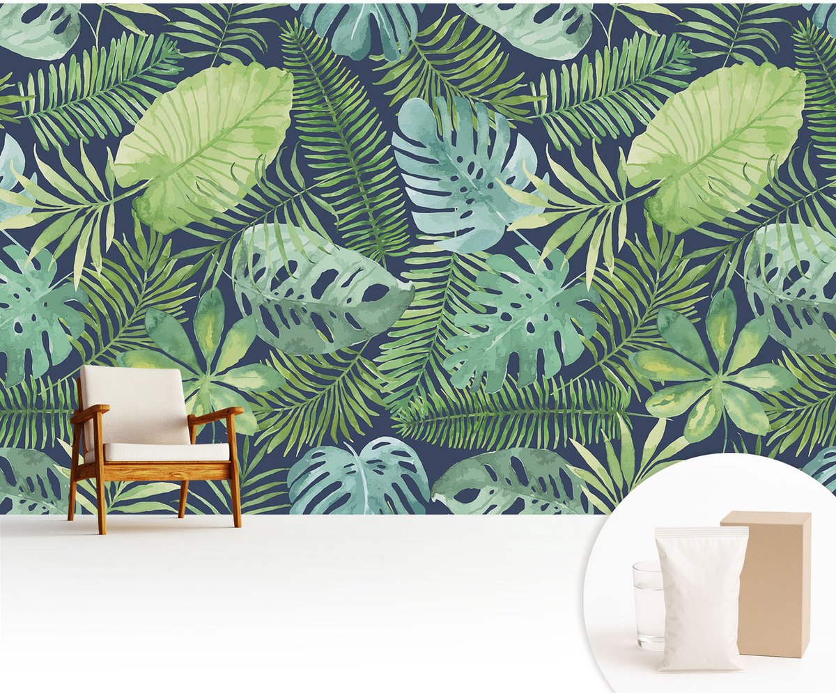 Wallfluent Fotobehang - Groente Vliesbehang - 416x254 cm - Tropische Bladeren Fotobehang Vlies - Hal behang Bloemen En Planten - Muurschildering - Woonkamer behang