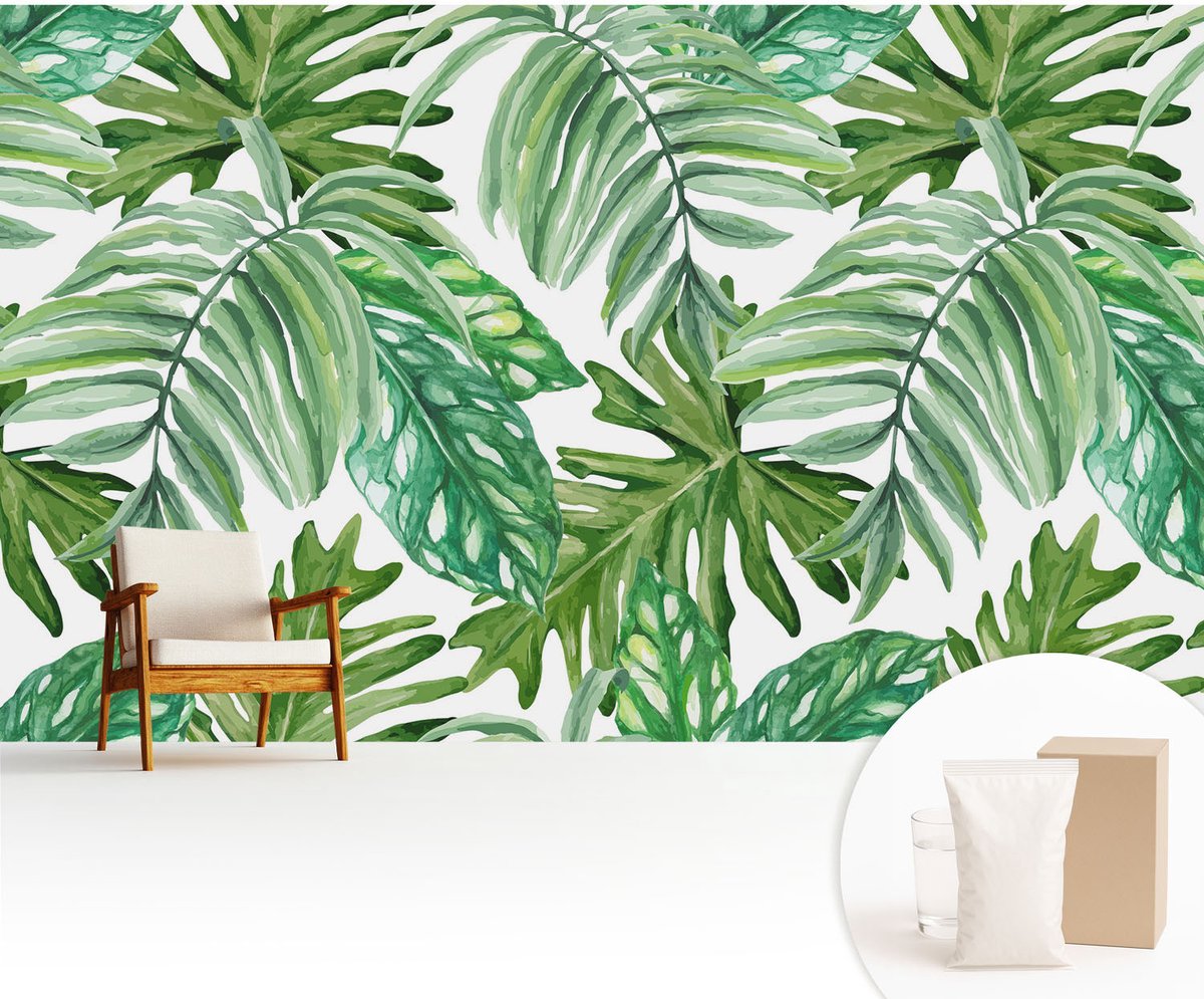 Wallfluent Fotobehang - Groente Vliesbehang - 416x254 cm - Exotische Bladeren Fotobehang Vlies - Hal behang Bloemen En Planten - Muurschildering - Woonkamer behang
