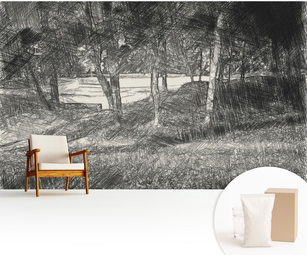 Wallfluent Fotobehang - Zwart-Wit Vliesbehang - 416x254 cm - Een Vredig Landschap Muurschildering - Slaapkamer behang Landschappen - Fotobehang Vlies - Gang behang