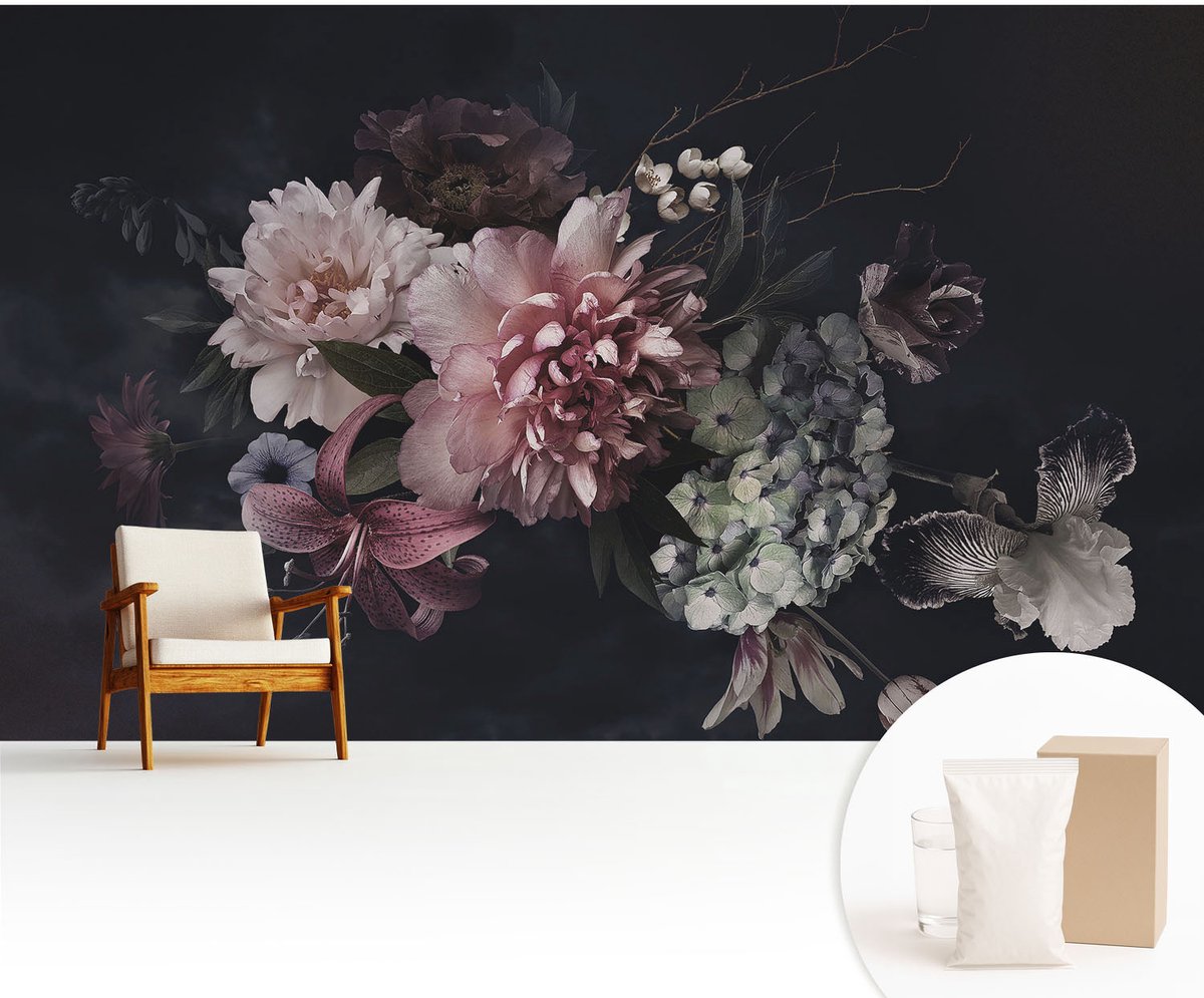 Wallfluent Fotobehang - Zwart Vliesbehang - 416x254 cm - Bloemarrangement Muurschildering - Gang behang Bloemen En Planten - Fotobehang Vlies - Gang behang