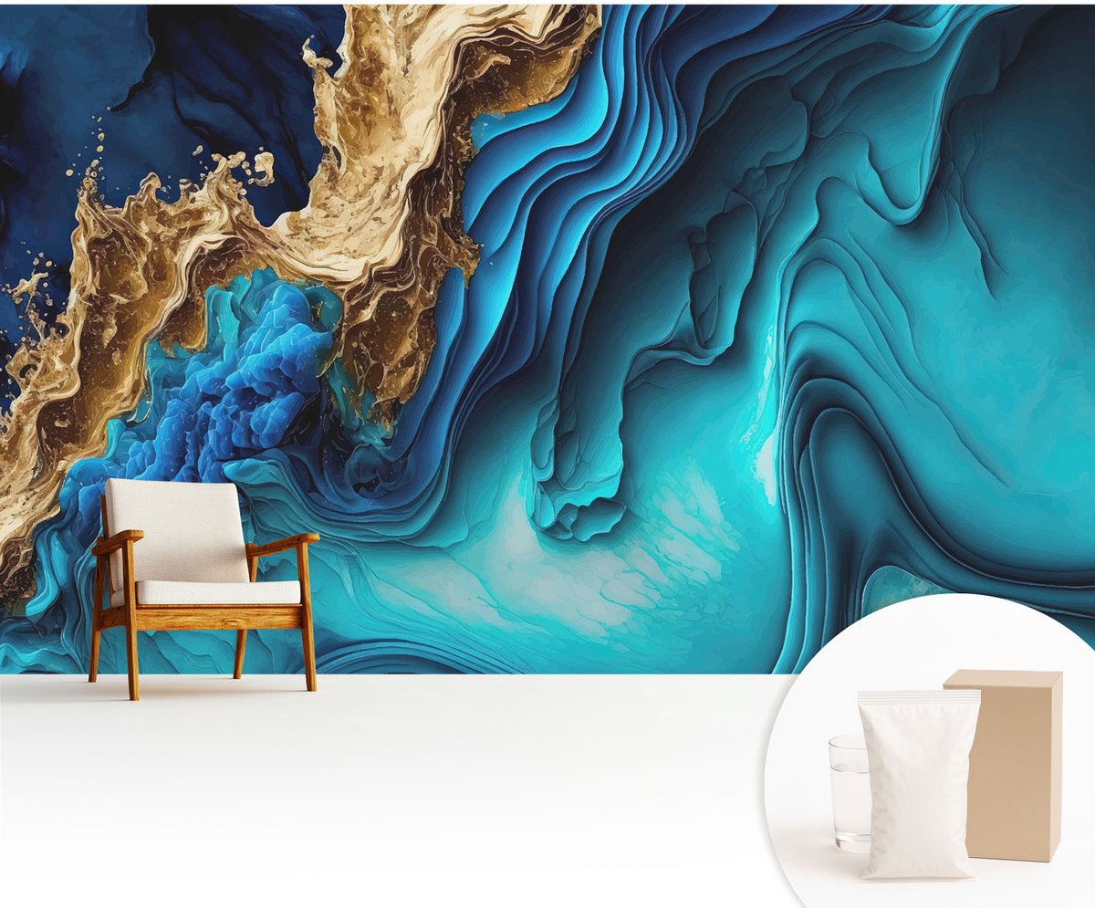 Wallfluent Fotobehang - Blauw Vliesbehang - 416x254 cm - Energiegolven Muurschildering - Slaapkamer behang Abstractie - Fotobehang Vlies - Gang behang
