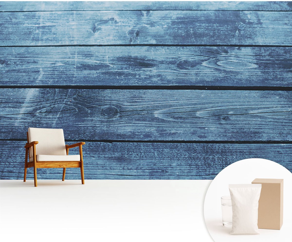 Wallfluent Fotobehang - Blauw Vliesbehang - 416x254 cm - Rustieke Vloer Muurschildering - Slaapkamer behang Texturen - Fotobehang Vlies - Slaapkamer behang