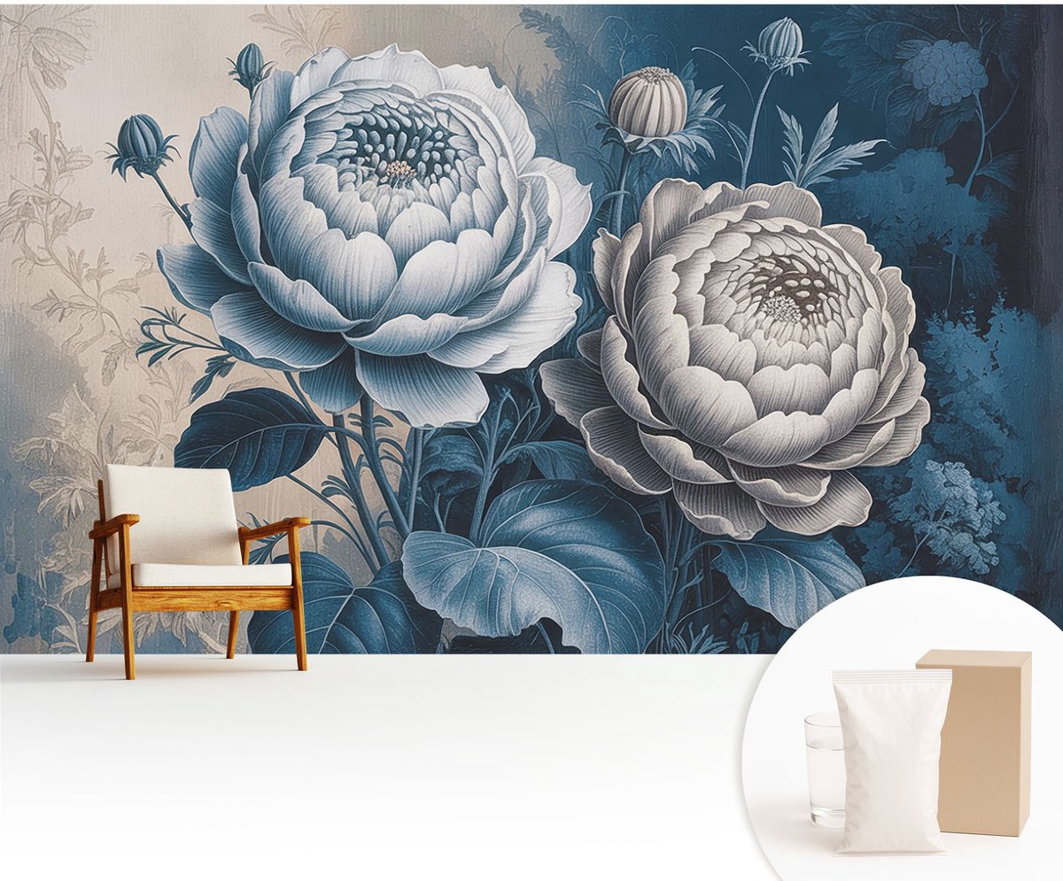Wallfluent Fotobehang - Blauw Vliesbehang - 416x254 cm - Romantische Bloemen Fotobehang Vlies - Hal behang Bloemen En Planten - Muurschildering - Woonkamer behang