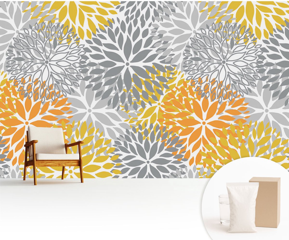 Wallfluent Fotobehang - Grijs Vliesbehang - 416x254 cm - Bloemenergie Fotobehang Vlies - Woonkamer behang Bloemen En Planten - Muurschildering - Woonkamer behang