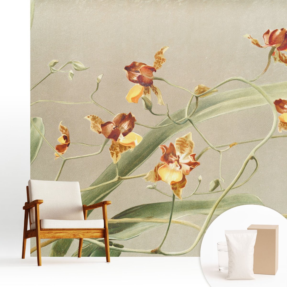 Wallfluent Fotobehang - Grijs Vliesbehang - 250x250 cm - Klassieke Orchideeën Fotobehang Vlies - Hal behang Bloemen En Planten - Muurschildering - Hal behang