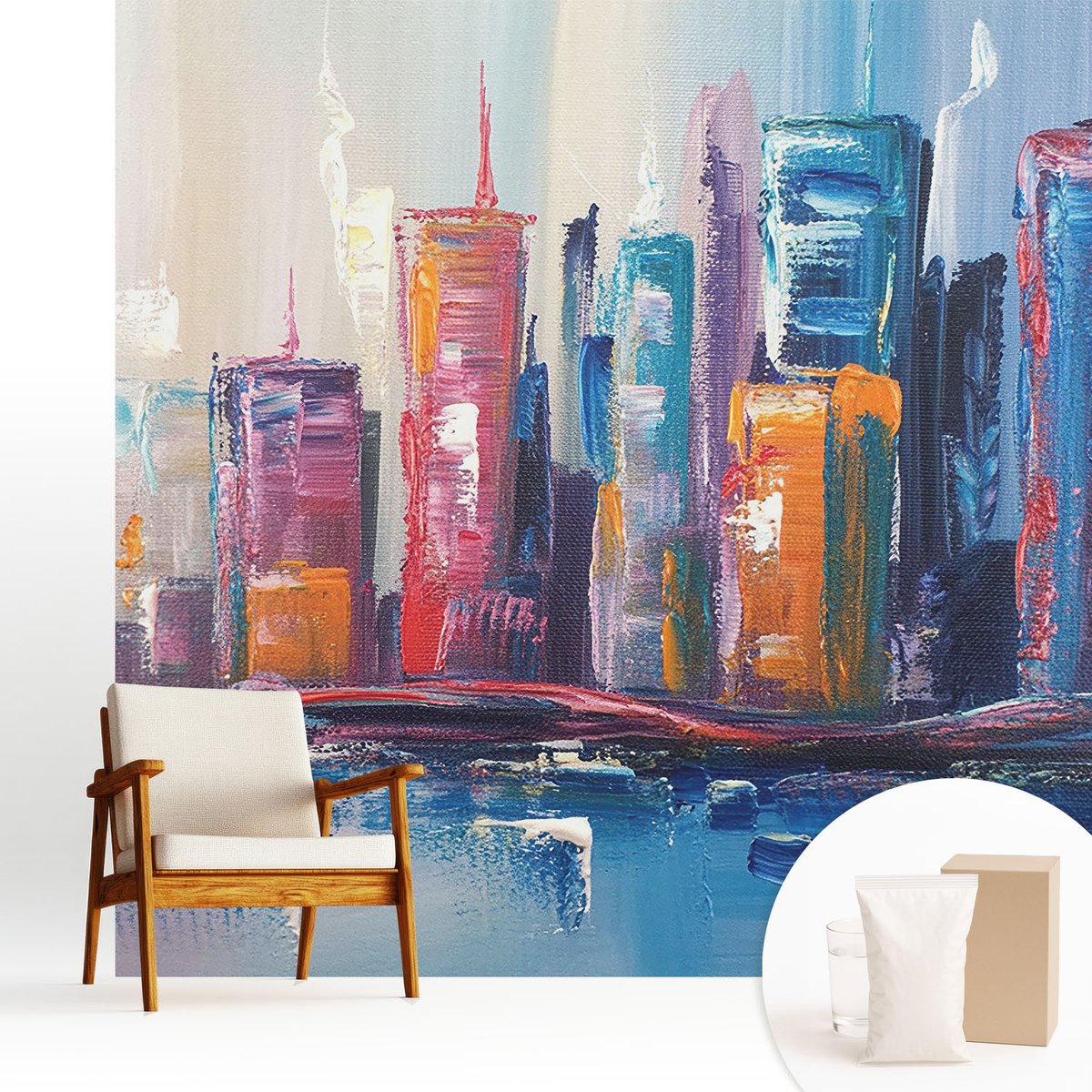 Wallfluent Fotobehang - Blauw Vliesbehang - 250x250 cm - Kleurrijke Stad Muurschildering - Slaapkamer behang Deel - Fotobehang Vlies - Slaapkamer behang