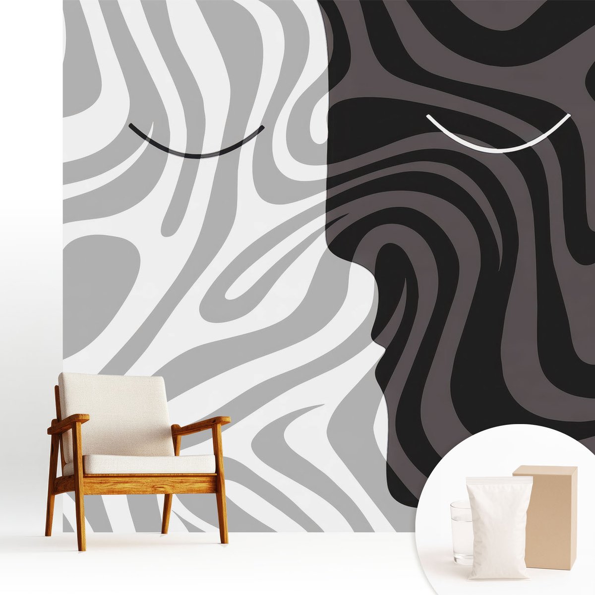 Wallfluent Fotobehang - Grijs Vliesbehang - 250x250 cm - Abstracte Gezichten Fotobehang Vlies - Hal behang Abstractie - Muurschildering - Woonkamer behang