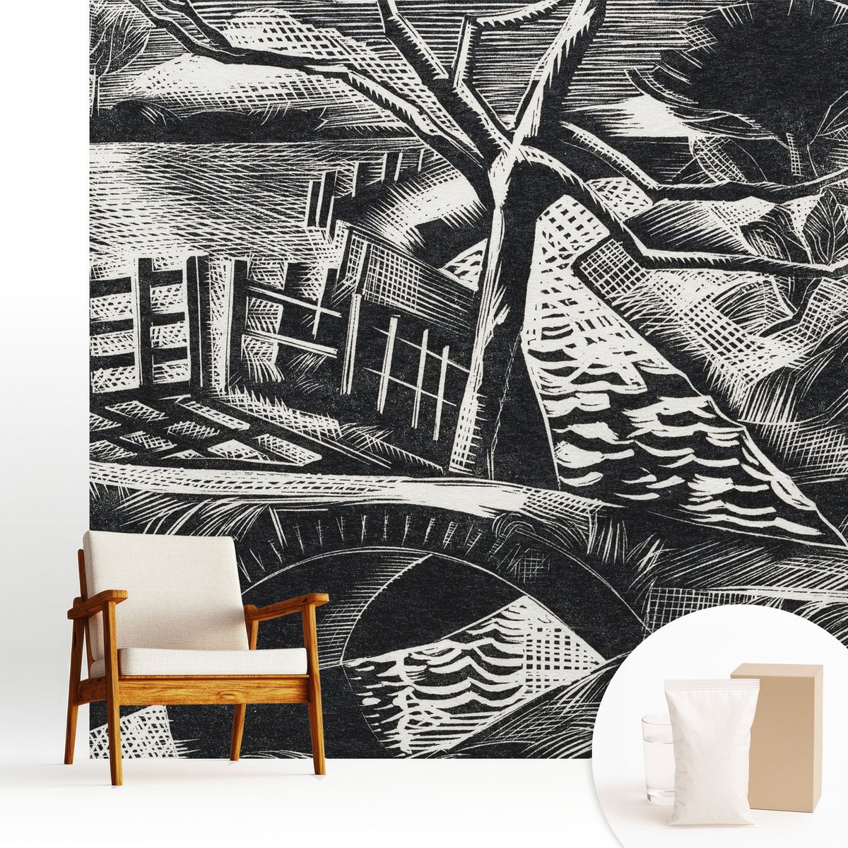Wallfluent Fotobehang - Zwart-Wit Vliesbehang - 250x250 cm - Architectonisch Landschap Muurschildering - Gang behang Landschappen - Fotobehang Vlies - Slaapkamer behang