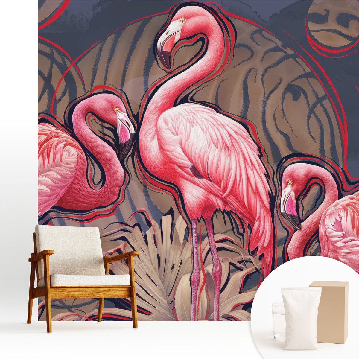 Wallfluent Fotobehang - Roze Vliesbehang - 250x250 cm - Roze Flamingo'S Muurschildering - Gang behang Dieren - Fotobehang Vlies - Slaapkamer behang
