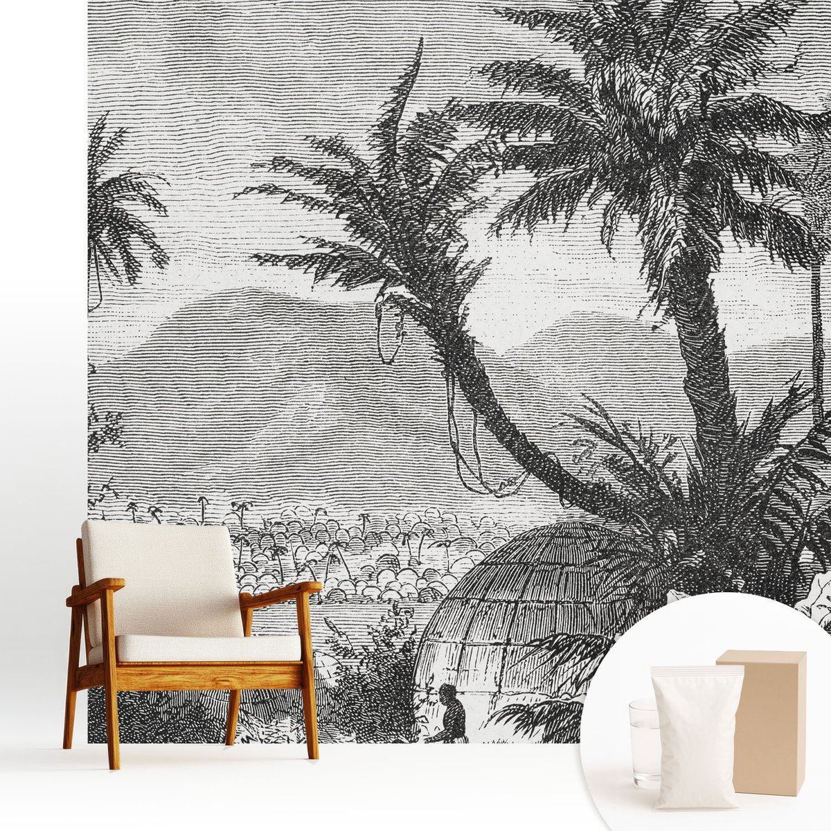 Wallfluent Fotobehang - Zwart-Wit Vliesbehang - 250x250 cm - Tropische Oase Muurschildering - Slaapkamer behang Landschappen - Fotobehang Vlies - Gang behang