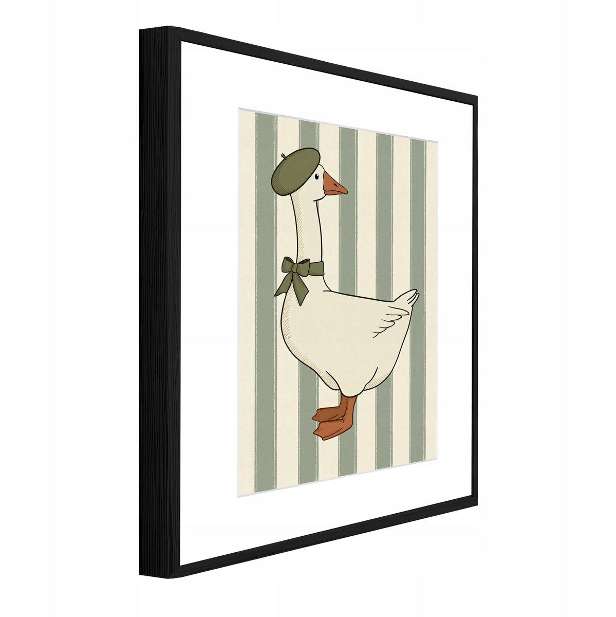 WALLARENA Schilderij met reliëf en passe-partout 100x70 cm - zwarte lijst - retro gans met strepen - wanddecoratie voor woonkamer en slaapkamer Groen