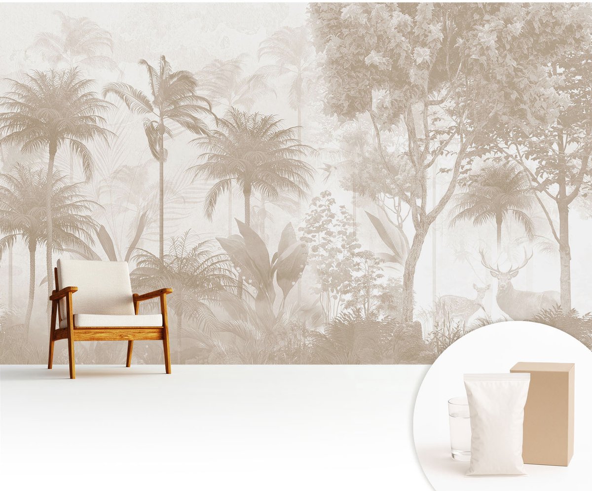 Wallfluent Fotobehang - Beige Vliesbehang - 416x254 cm - Tropisch Landschap Fotobehang Vlies - Woonkamer behang Bloemen En Planten - Muurschildering - Woonkamer behang
