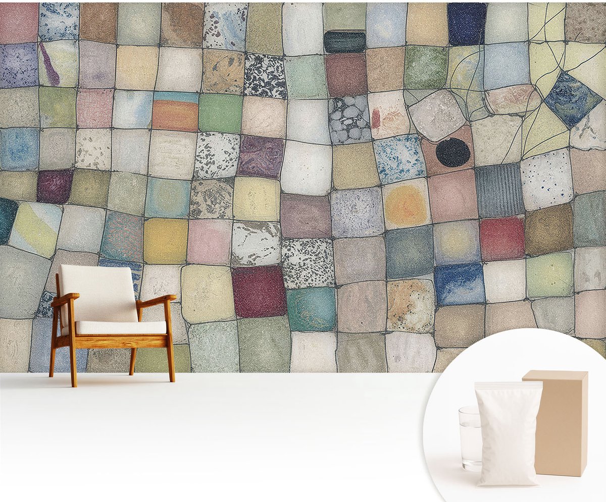 Wallfluent Fotobehang - Grijs Vliesbehang - 416x254 cm - Kleurrijk Mozaïek Muurschildering - Slaapkamer behang Achtergronden En Patronen - Fotobehang Vlies - Gang behang