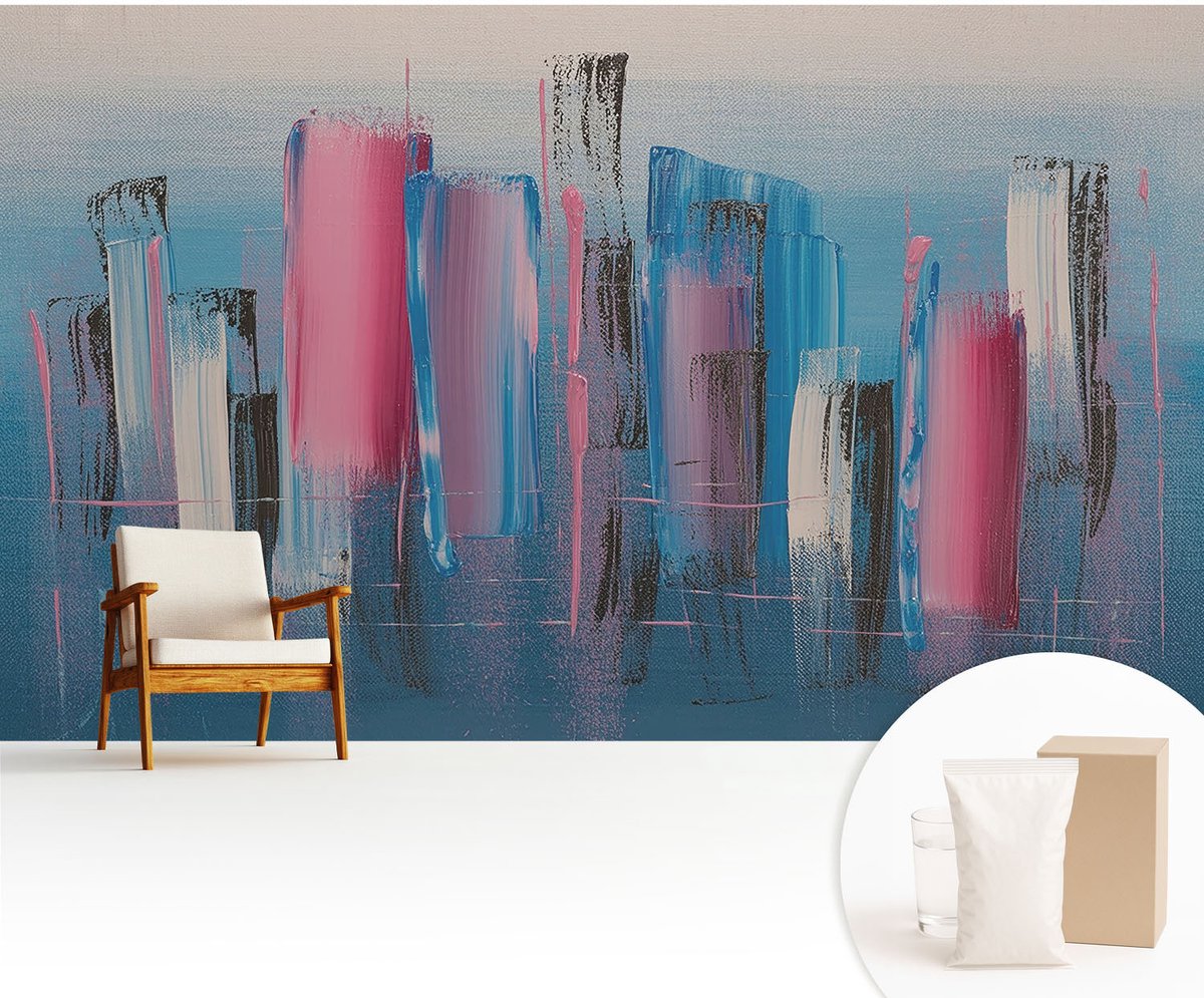 Wallfluent Fotobehang - Blauw Vliesbehang - 416x254 cm - Abstracte Strepen Fotobehang Vlies - Woonkamer behang Abstractie - Muurschildering - Woonkamer behang
