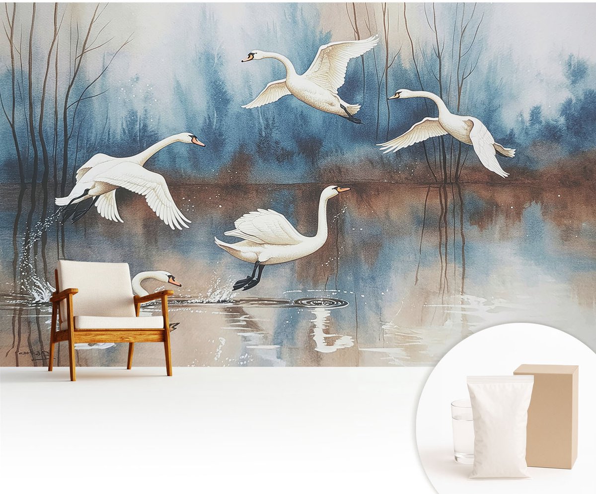Wallfluent Fotobehang - Wit Vliesbehang - 416x254 cm - Vogels In Vlucht Fotobehang Vlies - Woonkamer behang Dieren - Muurschildering - Hal behang