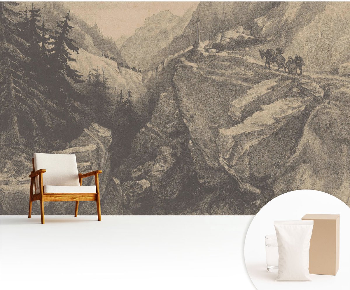 Wallfluent Fotobehang - Grijs Vliesbehang - 416x254 cm - Schilderachtige Bergen Fotobehang Vlies - Woonkamer behang Landschappen - Muurschildering - Hal behang