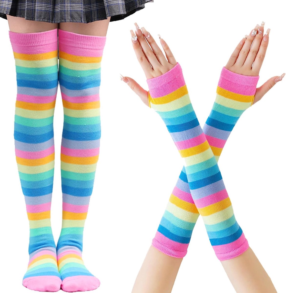 Regenboogkousen voor dames en meisjes, sokken, lange sokken, volleybalsokken, sportsokken met vingerloze handschoenen, set voor feest, Halloween kostuums