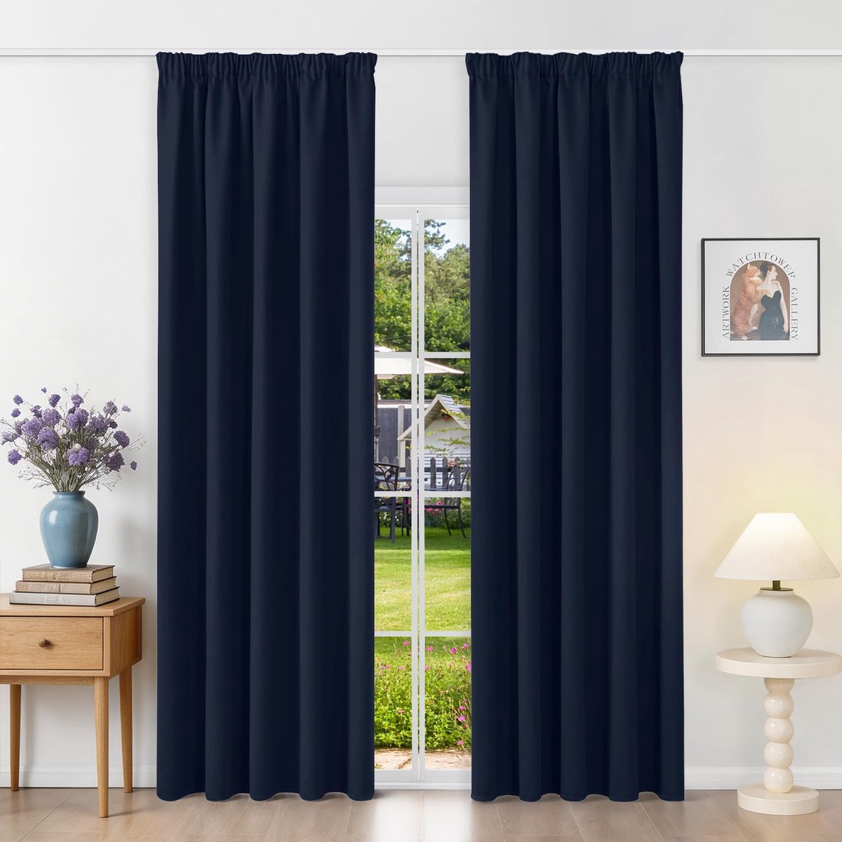 Gordijnen met plooiband, ondoorzichtig, marineblauw, verduisteringsgordijnen, set van 2, 200 x 160 cm (H x B) voor railsysteem, thermische gordijnen, bescherming tegen kou, schuifgordijnen