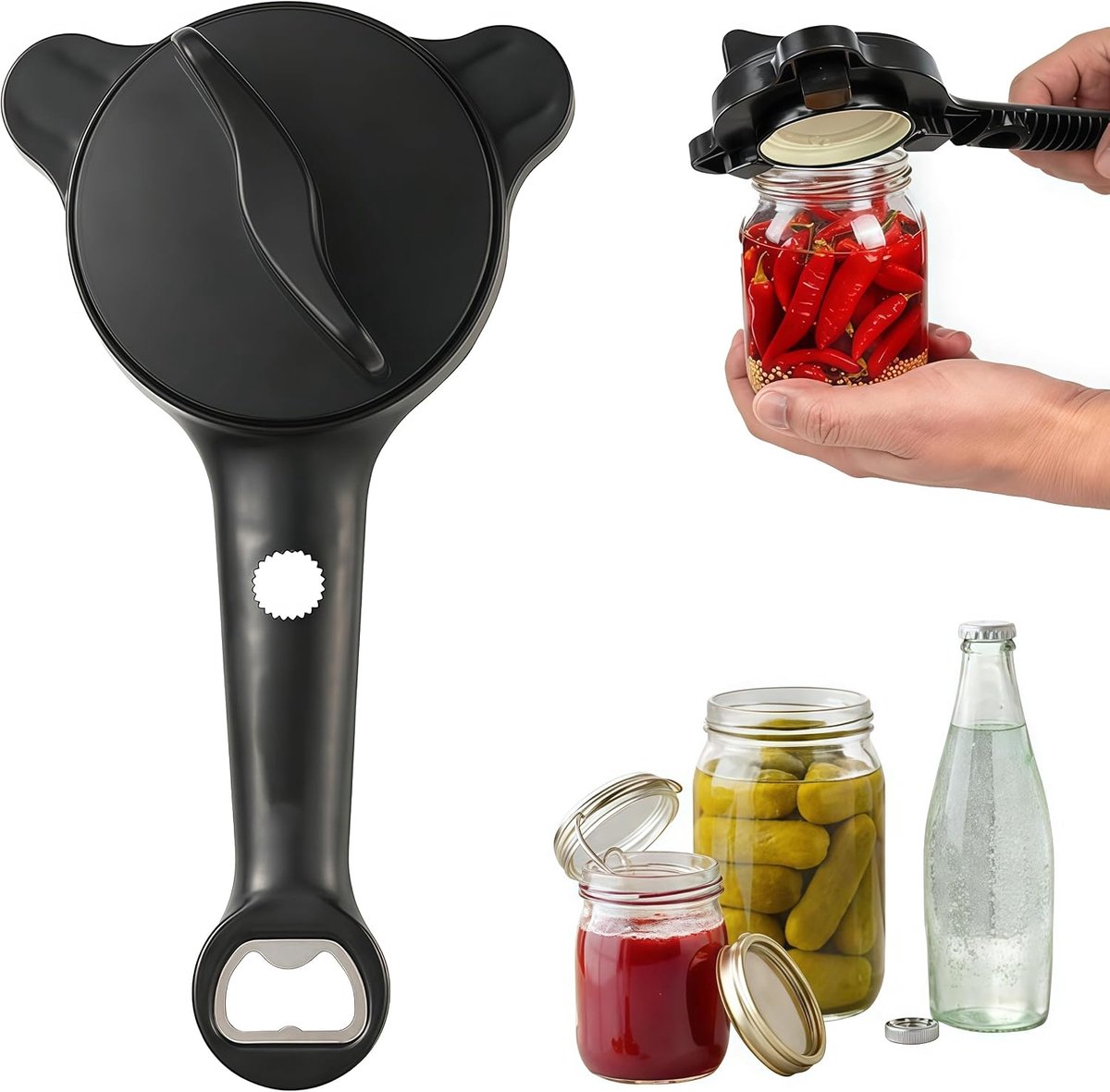 4-in-1 potopener, verstelbare potopener, multifunctionele intrekbare pot en flesopener voor senioren en mensen met beperkte fysieke kracht, geschikt voor bier, saladedressing, pot